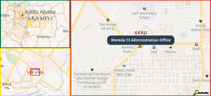 Map showing the address of Wereda 13 Administration Office in three different zoom levels.