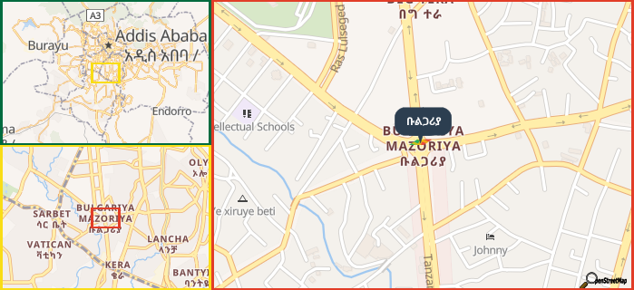 Map showing the address of ቡልጋሪያ in three different zoom levels.