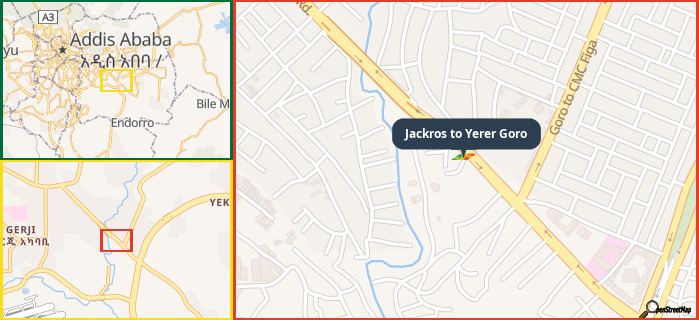 Map showing the address of Jackros to Yerer Goro in three different zoom levels.