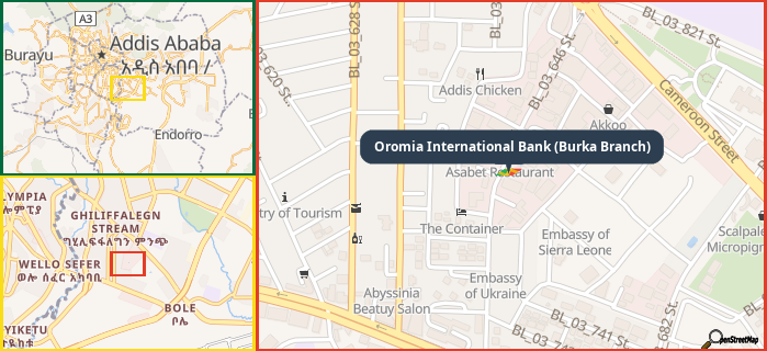 Map showing the address of Oromia International Bank (Burka Branch) in three different zoom levels.