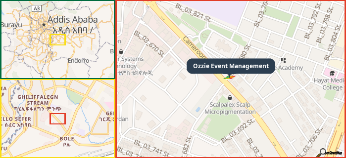 Map showing the address of Ozzie Event Management in three different zoom levels.