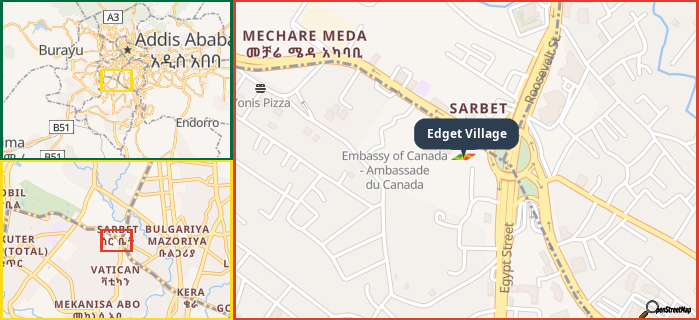 Map showing the address of Edget Village in three different zoom levels.