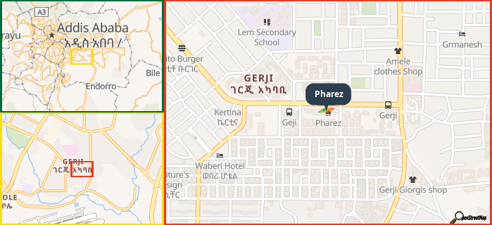 Map showing the address of Pharez in three different zoom levels.