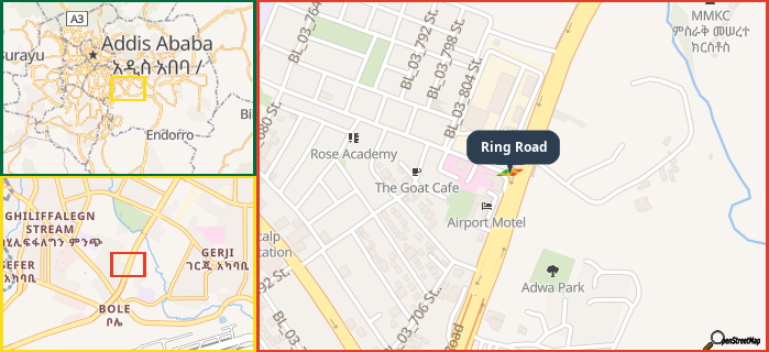 Map showing the address of Ring Road in three different zoom levels.