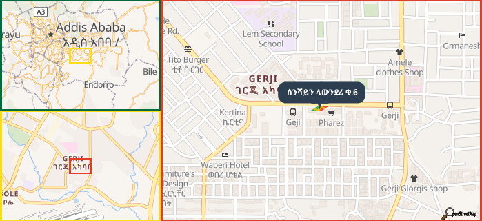 Map showing the address of ሰንሻይን ላውንደሪ ቁ.6 in three different zoom levels.