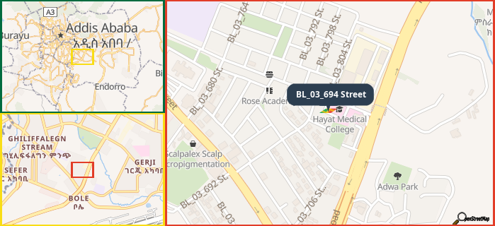 Map showing the address of BL_03_694 Street in three different zoom levels.