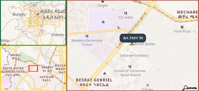 Map showing the address of ቤላ ፓስታና ፒዛ in three different zoom levels.