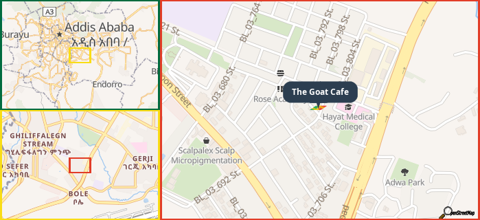 Map showing the address of The Goat Cafe in three different zoom levels.