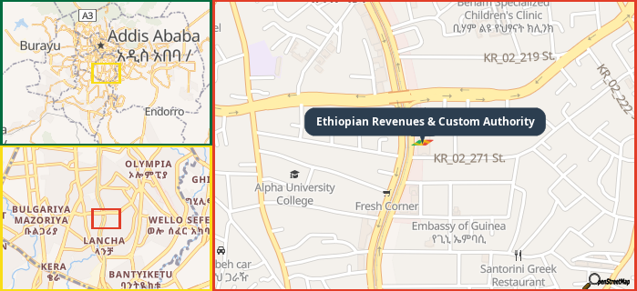 Map showing the address of Ethiopian Revenues & Custom Authority in three different zoom levels.