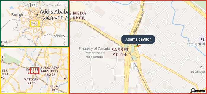 Map showing the address of Adams pavilon in three different zoom levels.