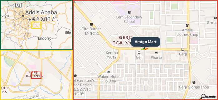 Map showing the address of Amigo Mart in three different zoom levels.