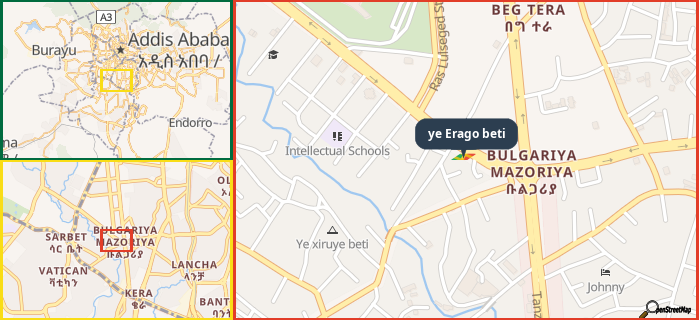 Map showing the address of ye Erago beti in three different zoom levels.