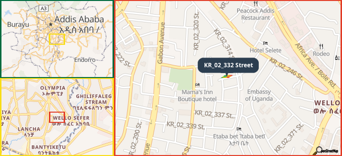 Map showing the address of KR_02_332 Street in three different zoom levels.