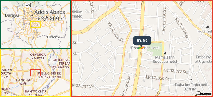 Map showing the address of ፀጊ ቡና in three different zoom levels.