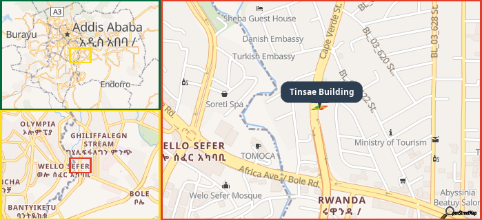 Map showing the address of Tinsae Building in three different zoom levels.