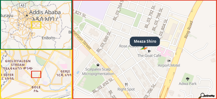 Map showing the address of Meaza Shiro in three different zoom levels.