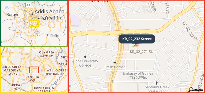 Map showing the address of KR_02_232 Street in three different zoom levels.