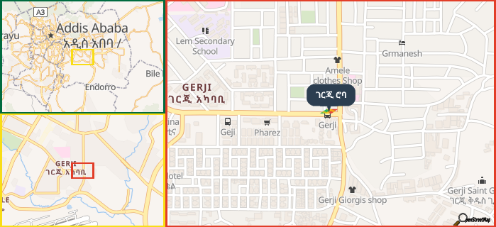 Map showing the address of ገርጂ ሮባ in three different zoom levels.