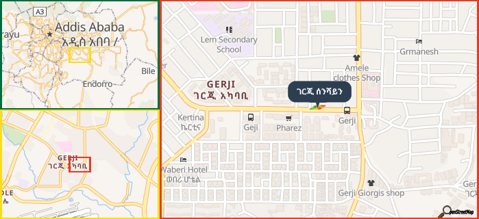 Map showing the address of ገርጂ ሰንሻይን in three different zoom levels.