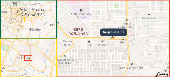 Map showing the address of Gerji Sunshine in three different zoom levels.