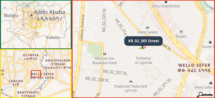 Map showing the address of KR_02_365 Street in three different zoom levels.