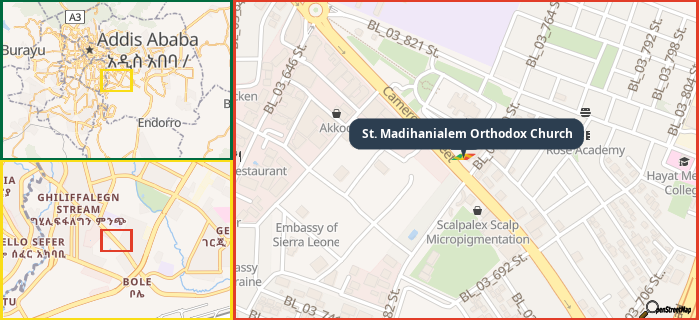 Map showing the address of St. Madihanialem Orthodox Church in three different zoom levels.