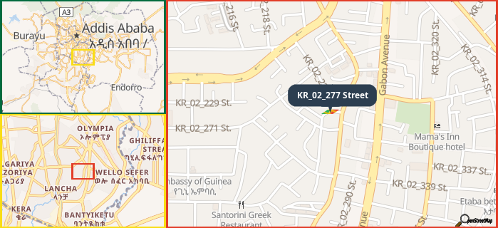 Map showing the address of KR_02_277 Street in three different zoom levels.