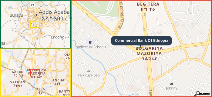 Map showing the address of Commercial Bank Of Ethiopia in three different zoom levels.