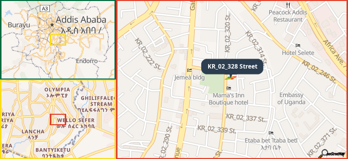 Map showing the address of KR_02_328 Street in three different zoom levels.