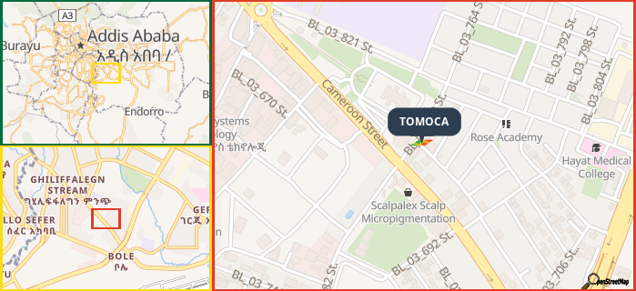 Map showing the address of TOMOCA in three different zoom levels.
