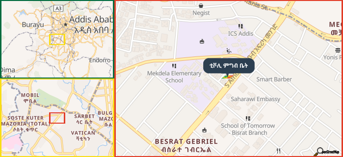 Map showing the address of ቲቮሊ ምግብ ቤት in three different zoom levels.