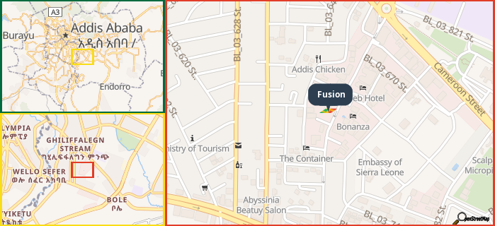 Map showing the address of Fusion in three different zoom levels.