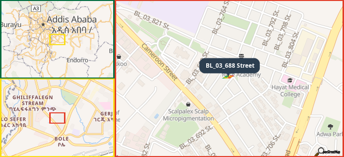 Map showing the address of BL_03_688 Street in three different zoom levels.