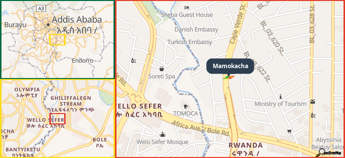 Map showing the address of Mamokacha in three different zoom levels.