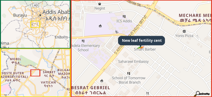 Map showing the address of New leaf fertility cent in three different zoom levels.