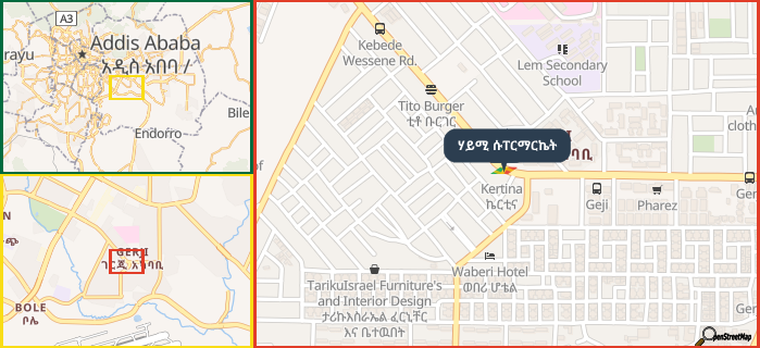 Map showing the address of ሃይሚ ሱፐርማርኬት in three different zoom levels.