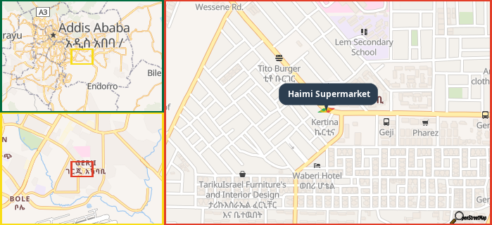 Map showing the address of Haimi Supermarket in three different zoom levels.