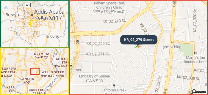 Map showing the address of KR_02_279 Street in three different zoom levels.