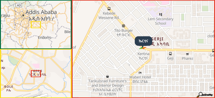 Map showing the address of ኬርቲና in three different zoom levels.