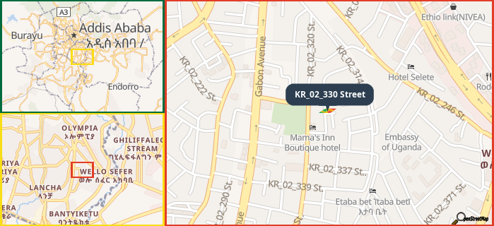 Map showing the address of KR_02_330 Street in three different zoom levels.