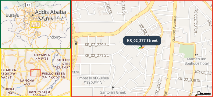 Map showing the address of KR_02_277 Street in three different zoom levels.