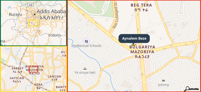 Map showing the address of Aynalem Beze in three different zoom levels.