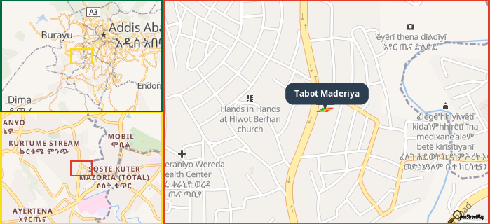 Map showing the address of Tabot Maderiya in three different zoom levels.