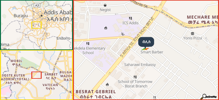 Map showing the address of ብሊስ in three different zoom levels.
