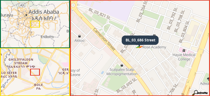 Map showing the address of BL_03_686 Street in three different zoom levels.