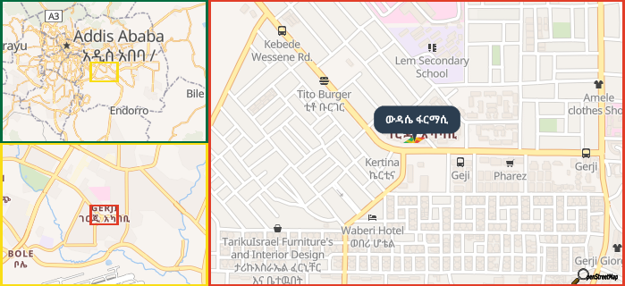 Map showing the address of ውዳሴ ፋርማሲ in three different zoom levels.