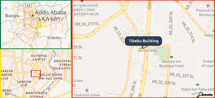 Map showing the address of Tibebu Building in three different zoom levels.