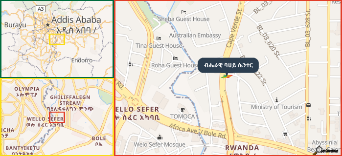 Map showing the address of ብሔራዊ ባሀይ ሴንተር in three different zoom levels.