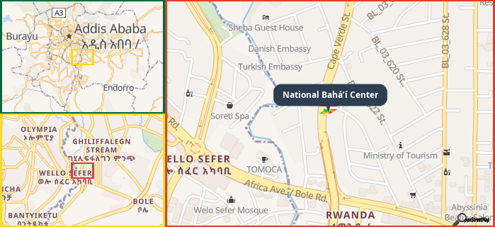 Map showing the address of National Bahá’í Center in three different zoom levels.