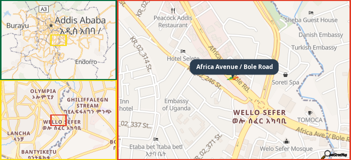 Map showing the address of Africa Avenue / Bole Road in three different zoom levels.